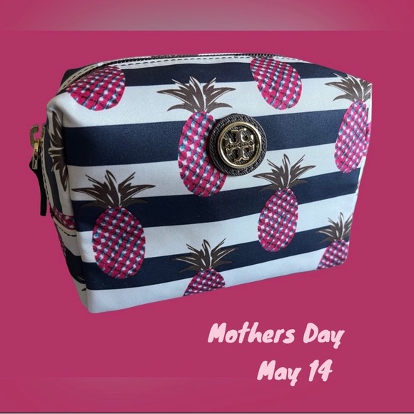 TORY BURCH NEW MAKEUP COSMETIC BAG BRIGITTE PINEAPPLE STRIPE CHRISTMAS gift - Picture 2 of 8